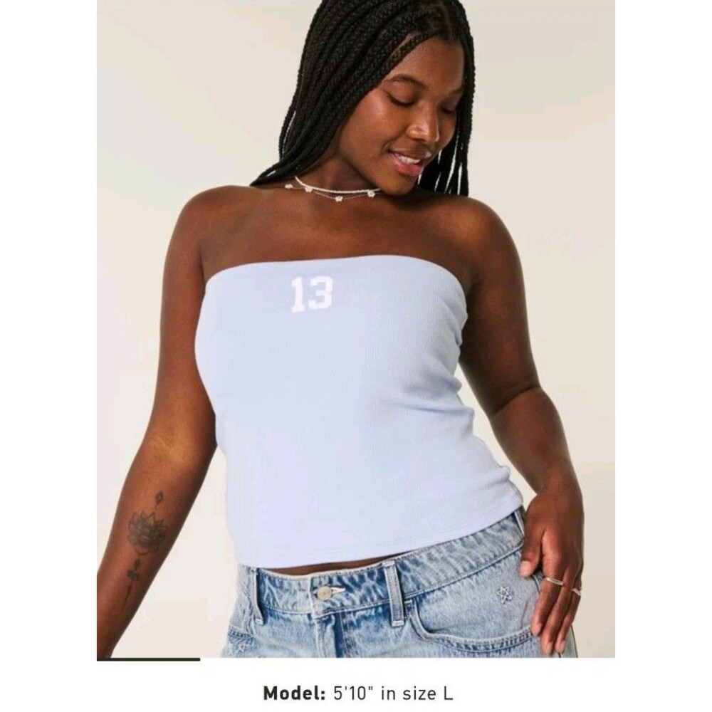Hollister Ribbed Strapless Graphic Tube Top Blue Number 13